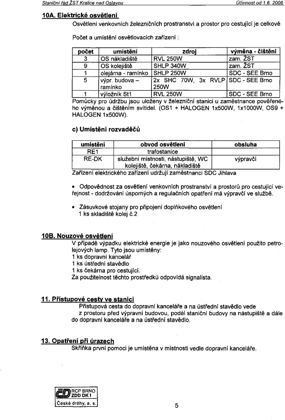 RVL250W zam.zst 9 OS koleiiště SHLP 340W zam. ZST 1 oleiárna- ramínko SHLP 250W SDC - SEE Brno 5 výpr. budova - 2x SHC 70W, 3x RVLP SDC - SEE Brno ramínko 250W 1 výložník St1 RVL250W SDC - SEE Brno.