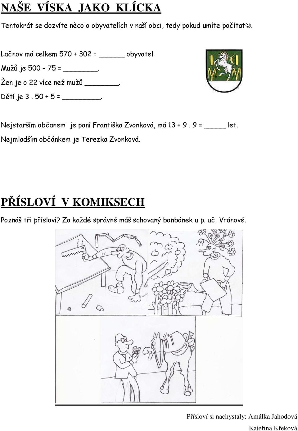 Nejstarším občanem je paní Františka Zvonková, má 13 + 9. 9 = let. Nejmladším občánkem je Terezka Zvonková.