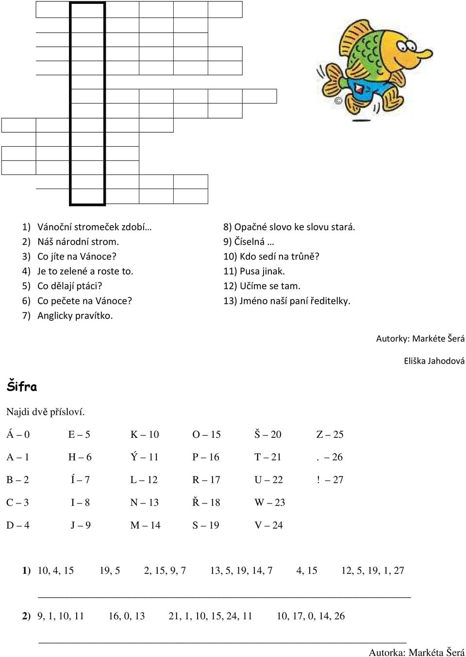 Autorky: Markéte Šerá Eliška Jahodová Šifra Najdi dvě přísloví. Á 0 E 5 K 10 O 15 Š 20 Z 25 A 1 H 6 Ý 11 P 16 T 21. 26 B 2 Í 7 L 12 R 17 U 22!