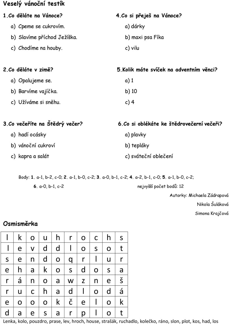 a) hadí ocásky a) plavky b) vánoční cukroví b) tepláky c) kapra a salát c) sváteční oblečení Body: 1. a-1, b-2, c-0; 2. a-1, b-0, c-2; 3. a-0, b-1, c-2; 4. a-2, b-1, c-0; 5.