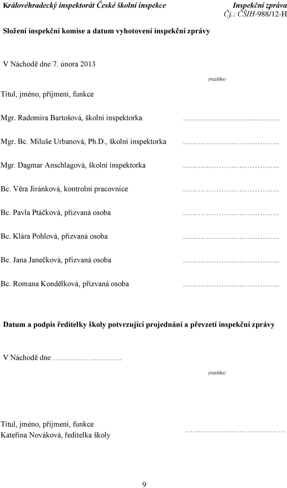 Věra Jiránková, kontrolní pracovnice Bc. Pavla Ptáčková, přizvaná osoba Bc. Klára Pohlová, přizvaná osoba Bc. Jana Janečková, přizvaná osoba Bc.