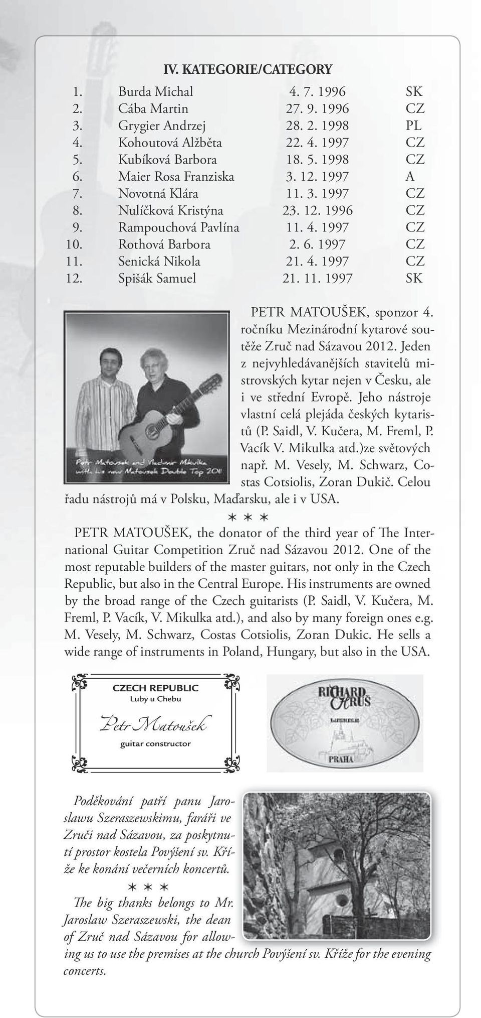 4. 1997 CZ 12. Spišák Samuel 21. 11. 1997 SK PETR MATOUŠEK, sponzor 4. roč níku Mezinárodní kytarové soutěže Zruč nad Sázavou 2012.
