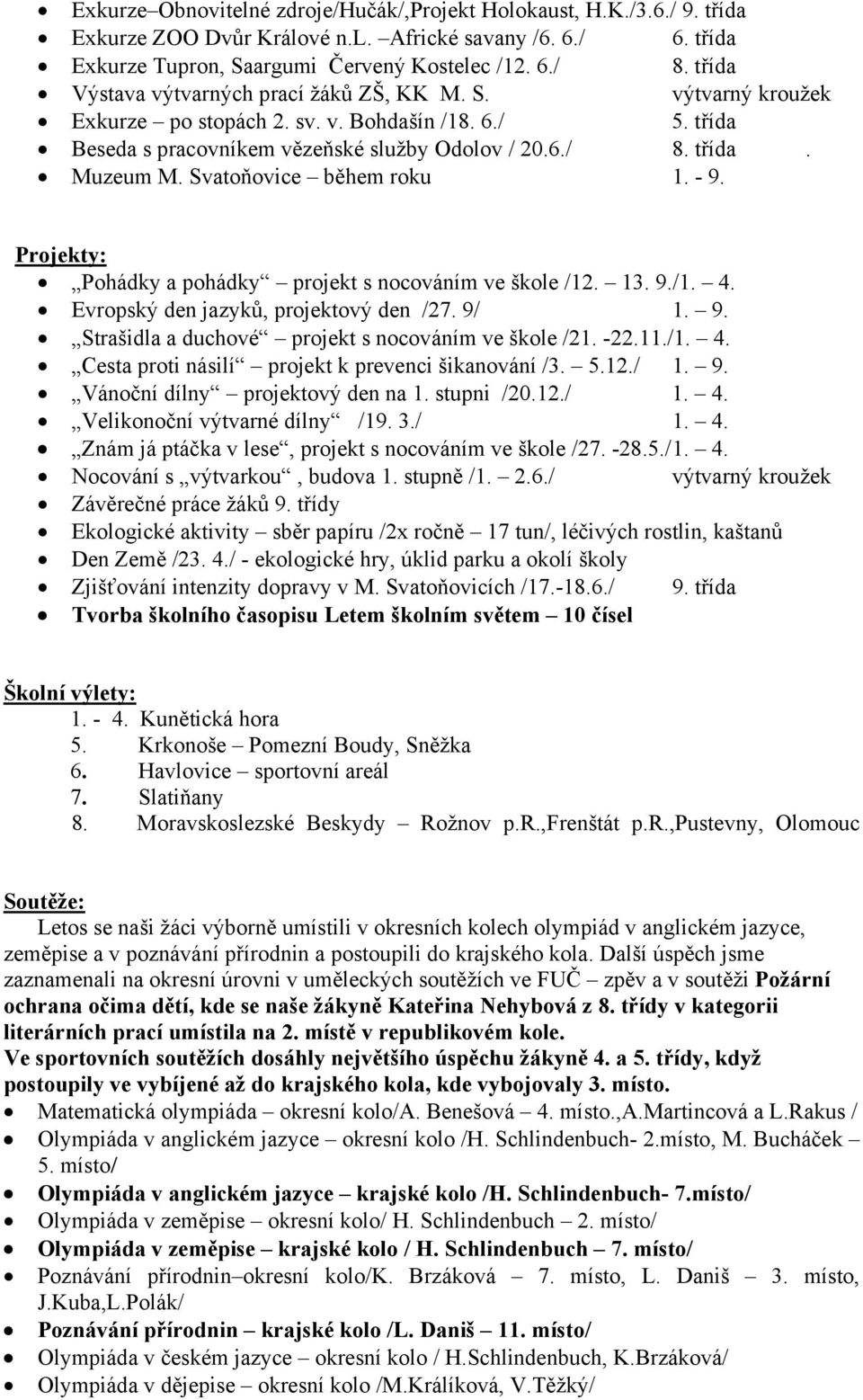 Svatoňovice během roku 1. - 9. Projekty: Pohádky a pohádky projekt s nocováním ve škole /12. 13. 9./1. 4. Evropský den jazyků, projektový den /27. 9/ 1. 9. Strašidla a duchové projekt s nocováním ve škole /21.