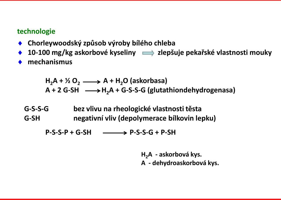 (glutathiondehydrogenasa) G-S-S-G bez vlivu na rheologické vlastnosti těsta G-SH negativní vliv