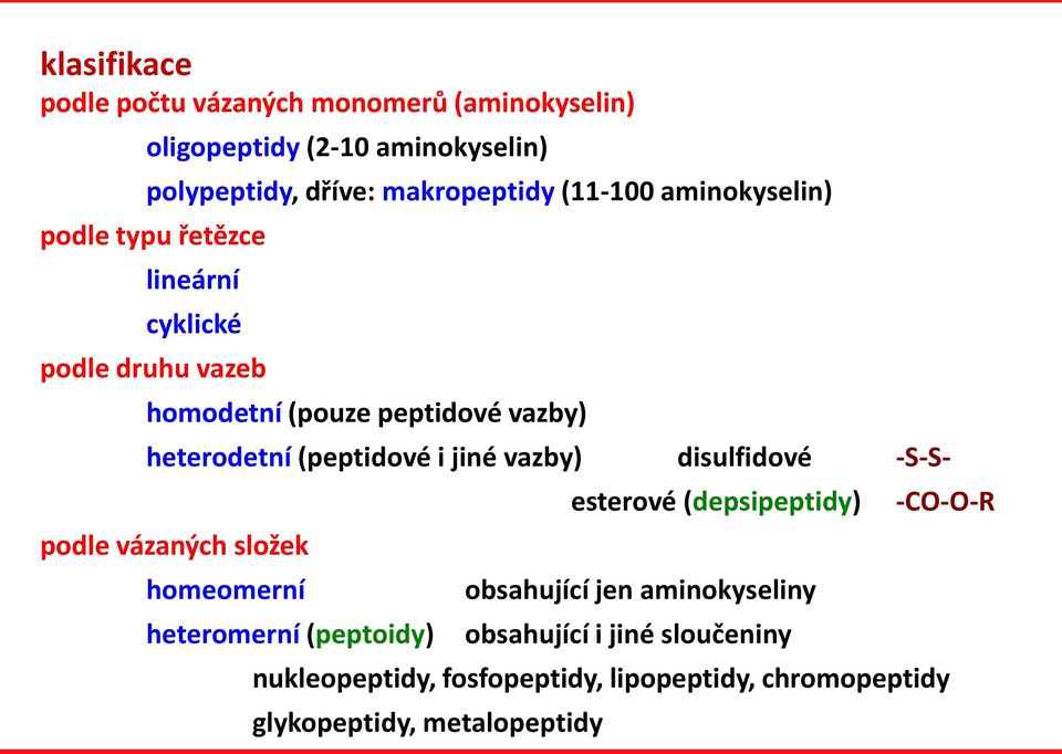 (peptidové i jiné vazby) disulfidové -S-S- podle vázaných složek homeomerní heteromerní (peptoidy) esterové (depsipeptidy)