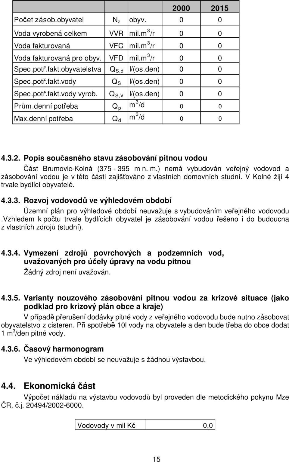 Popis současného stavu zásobování pitnou vodou Část Brumovic-Kolná (375-395 m n. m.) nemá vybudován veřejný vodovod a zásobování vodou je v této části zajišťováno z vlastních domovních studní.