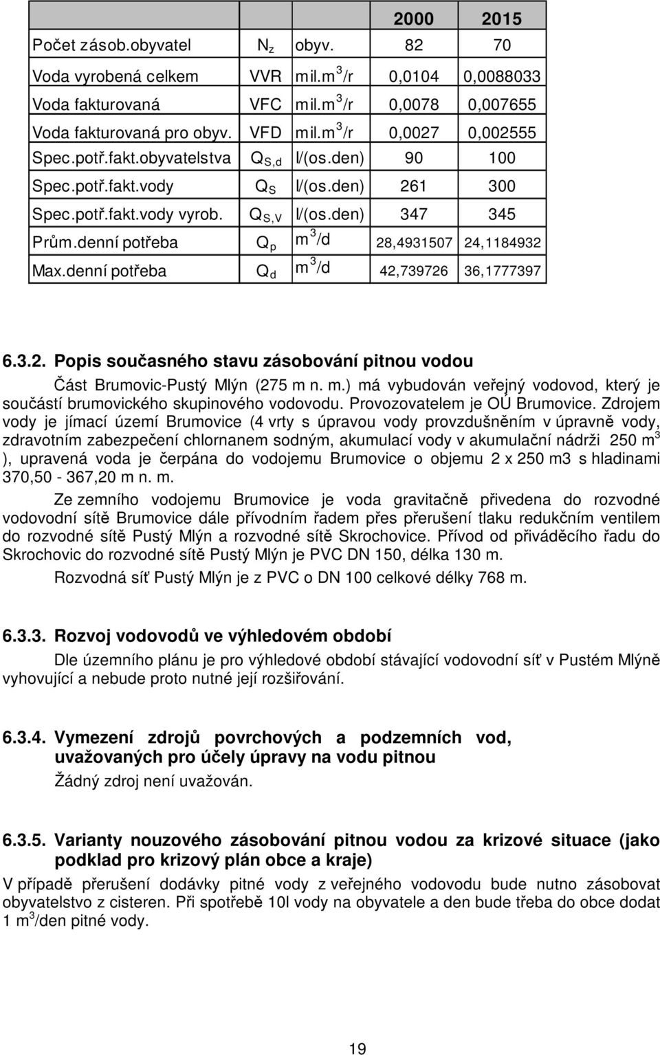 denní potřeba Q p m 3 /d 28,4931507 24,1184932 Max.denní potřeba Q d m 3 /d 42,739726 36,1777397 6.3.2. Popis současného stavu zásobování pitnou vodou Část Brumovic-Pustý Mlýn (275 m n. m.) má vybudován veřejný vodovod, který je součástí brumovického skupinového vodovodu.