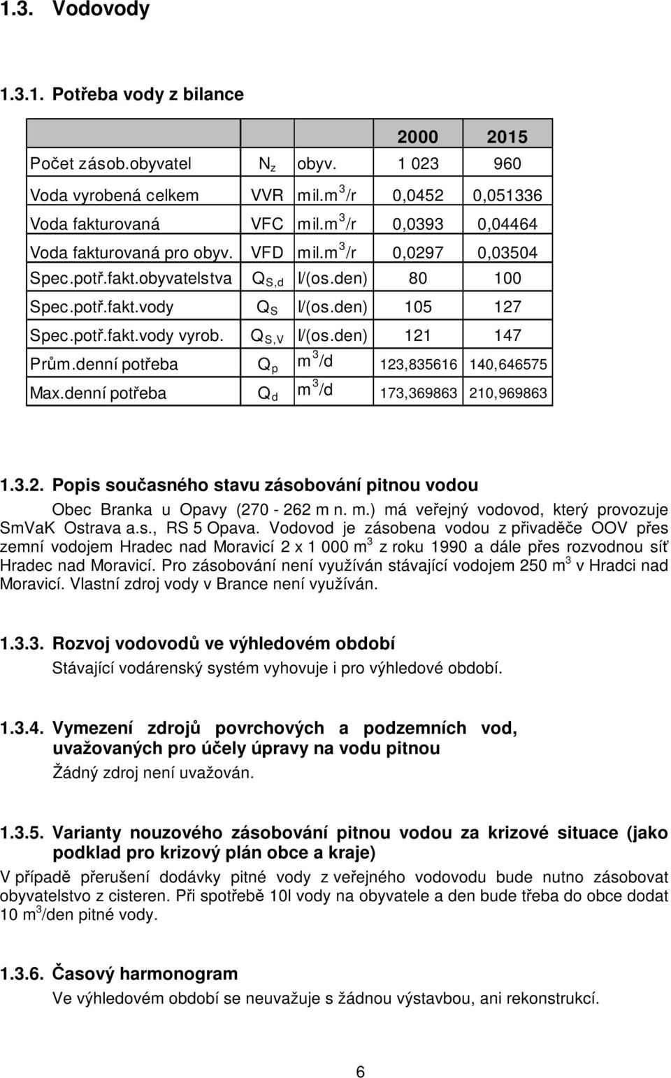 Q S,V I/(os.den) 121 147 Prům.denní potřeba Q p m 3 /d 123,835616 140,646575 Max.denní potřeba Q d m 3 /d 173,369863 210,969863 1.3.2. Popis současného stavu zásobování pitnou vodou Obec Branka u Opavy (270-262 m n.