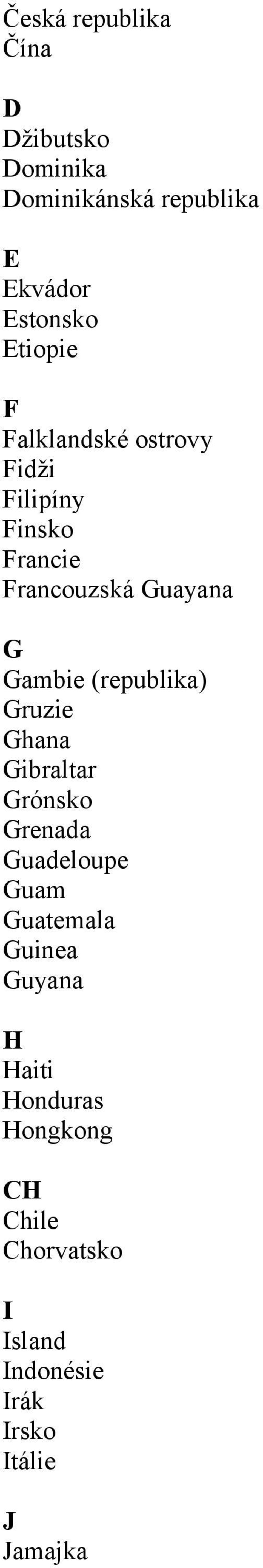 (republika) Gruzie Ghana Gibraltar Grónsko Grenada Guadeloupe Guam Guatemala Guinea