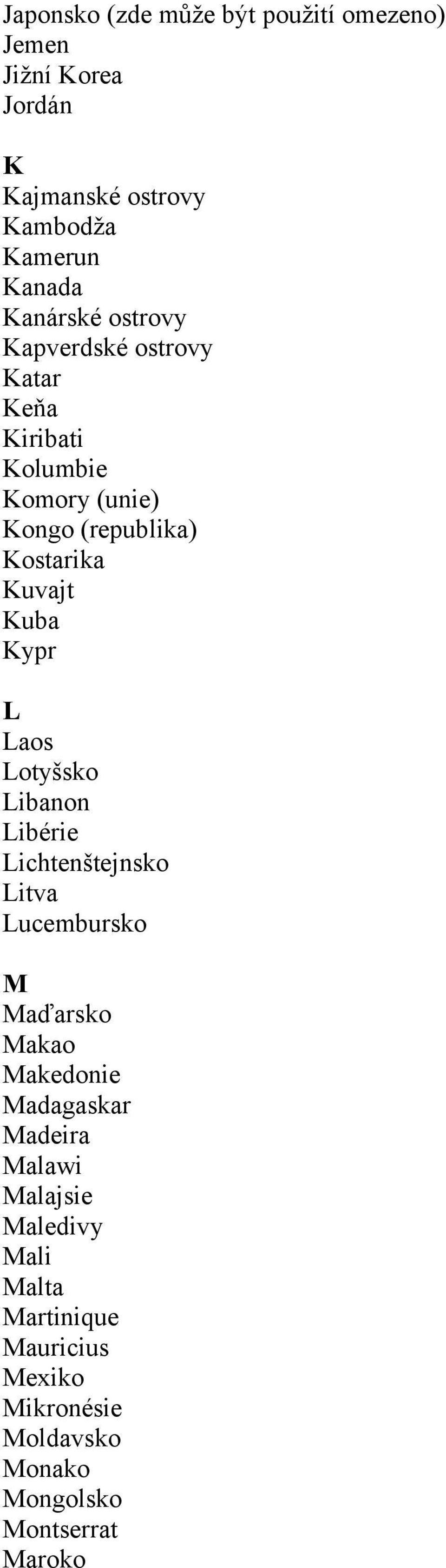 Kuba Kypr L Laos Lotyšsko Libanon Libérie Lichtenštejnsko Litva Lucembursko M Maďarsko Makao Makedonie Madagaskar