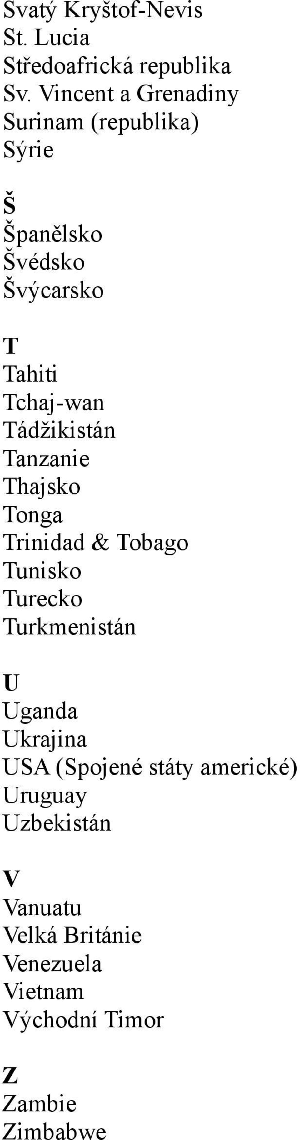 Tchaj-wan Tádžikistán Tanzanie Thajsko Tonga Trinidad & Tobago Tunisko Turecko Turkmenistán U