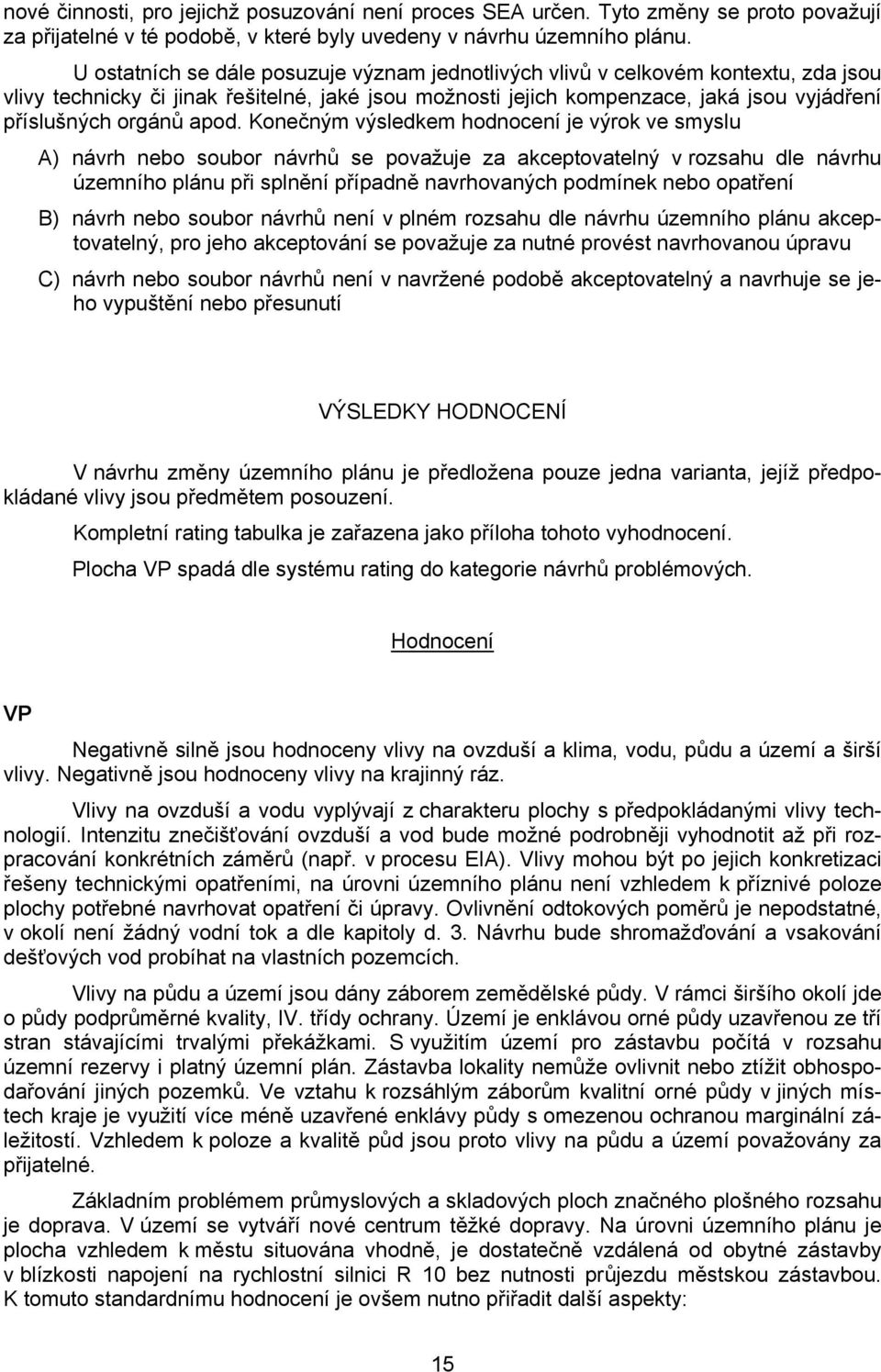 apod. Konečným výsledkem hodnocení je výrok ve smyslu A) návrh nebo soubor návrhů se považuje za akceptovatelný v rozsahu dle návrhu územního plánu při splnění případně navrhovaných podmínek nebo