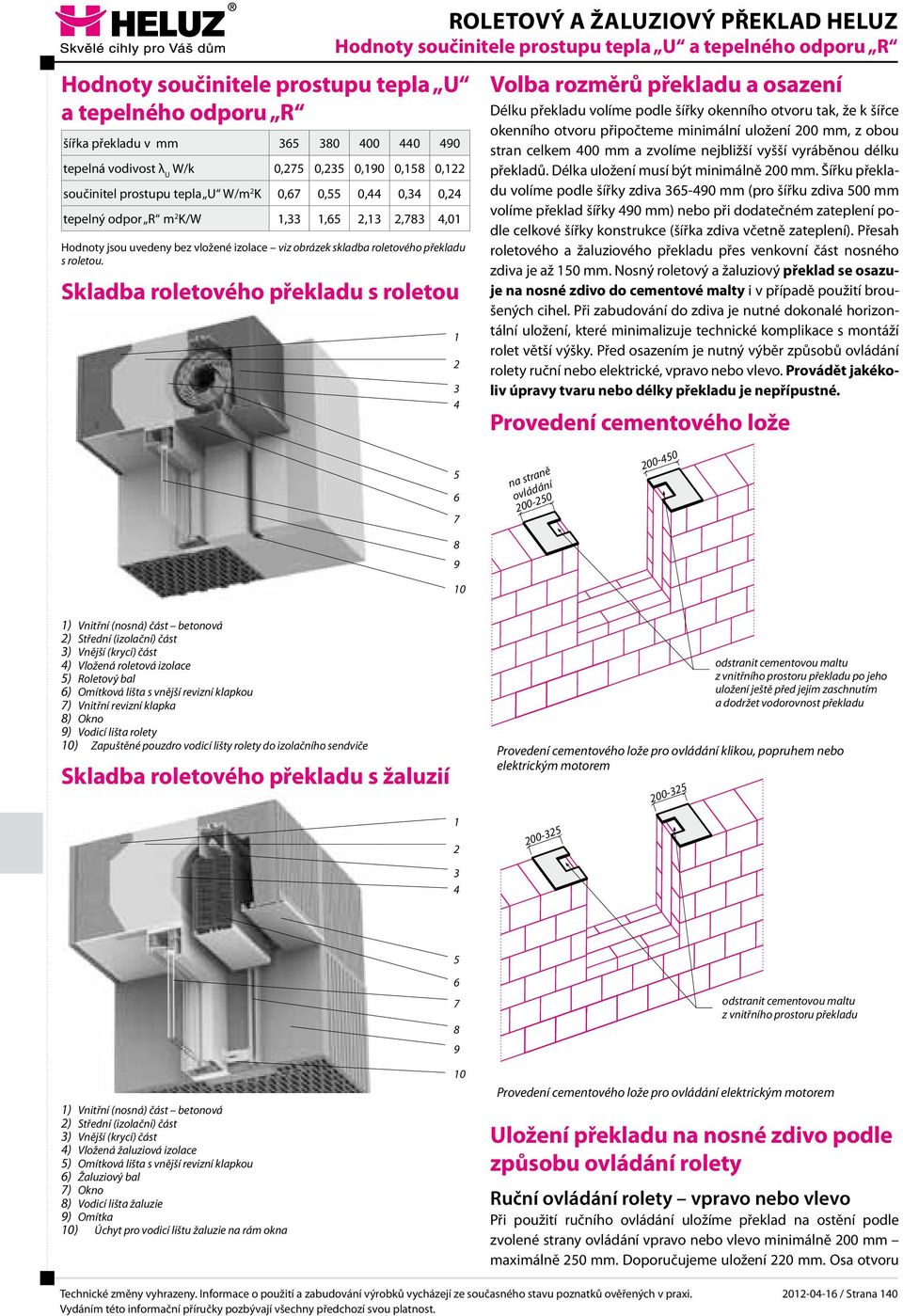 Skladba roletového překladu s roletou Hodnoty součinitele prostupu tepla U a tepelného odporu R 1 2 3 4 Volba rozměrů překladu a osazení Délku překladu volíme podle šířky okenního otvoru tak, že k