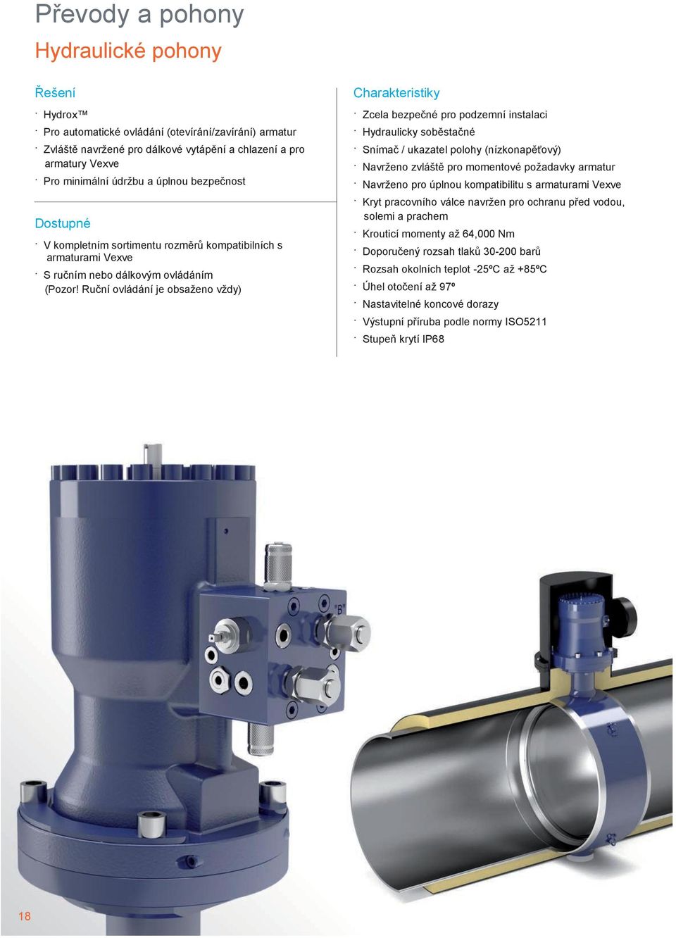 Ruční ovládání je obsaţeno vţdy) Charakteristiky Zcela bezpečné pro podzemní instalaci Hydraulicky soběstačné Snímač / ukazatel polohy (nízkonapěťový) Navrţeno zvláště pro momentové poţadavky armatur