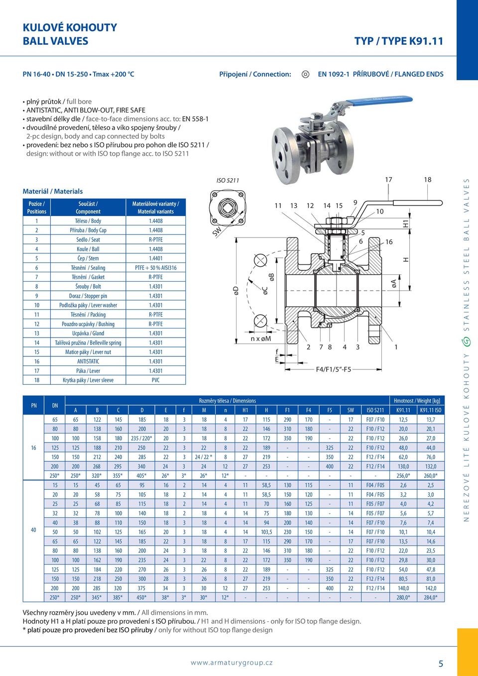 acc. to: EN 558-1 dvoudílné provedení, těleso a víko spojeny šrouby / 2-pc design, body and cap connected by bolts provedení: bez nebo s ISO přírubou pro pohon dle ISO 5211 / design: without or with