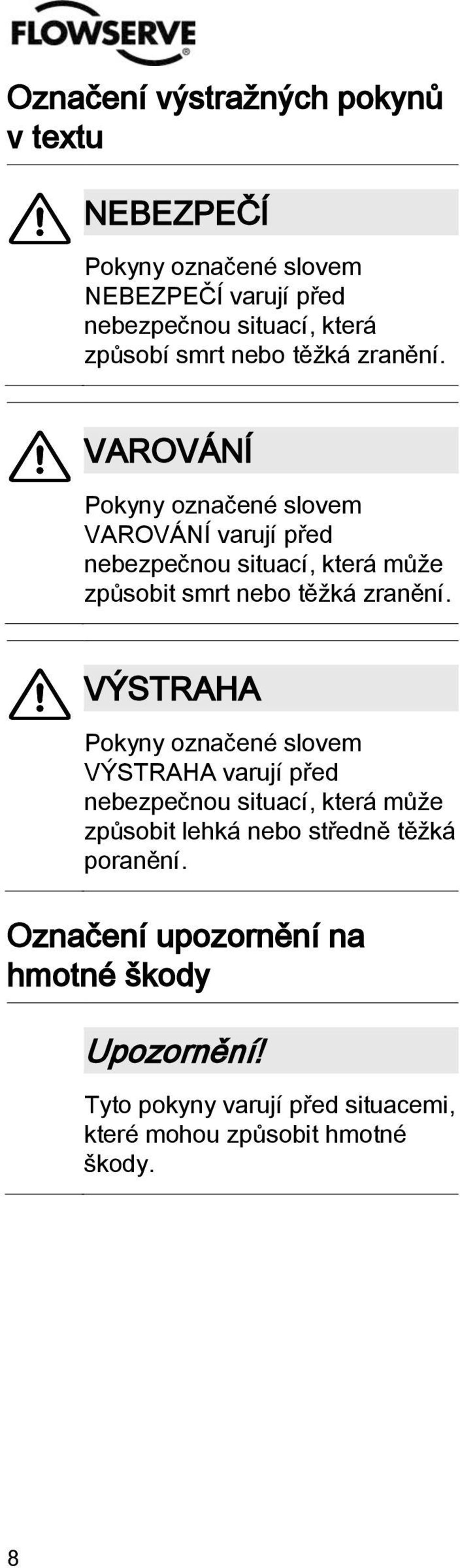 VAROVÁNÍ Pokyny označené slovem VAROVÁNÍ varují před nebezpečnou situací, která může způsobit  VÝSTRAHA Pokyny označené slovem