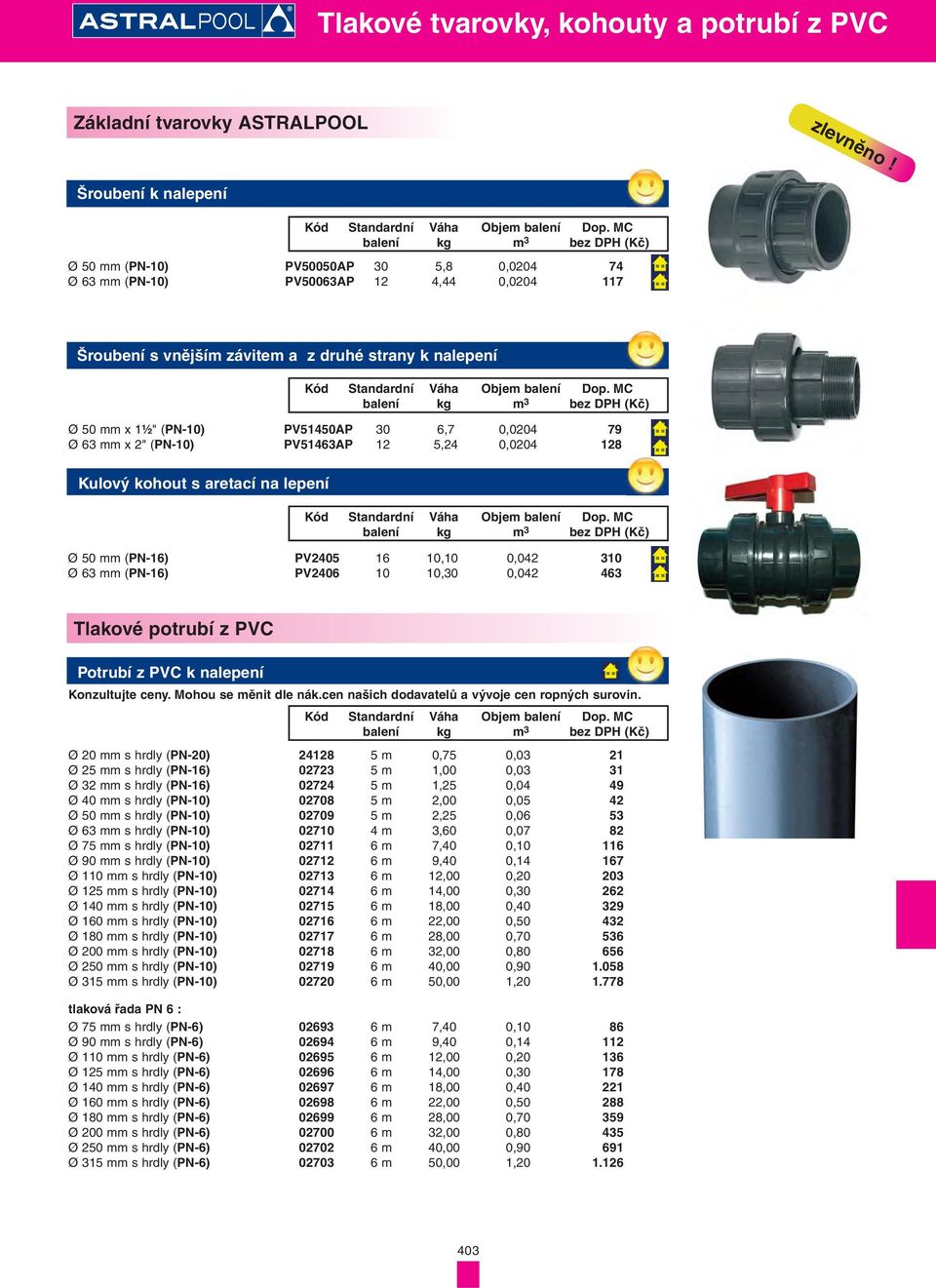 6,7 0,0204 79 Ø 63 mm x 2" (PN-10) PV51463AP 12 5,24 0,0204 128 Kulový kohout s aretací na lepení Ø 50 mm (PN-16) PV2405 16 10,10 0,042 310 Ø 63 mm (PN-16) PV2406 10 10,30 0,042 463 Tlakové potrubí z