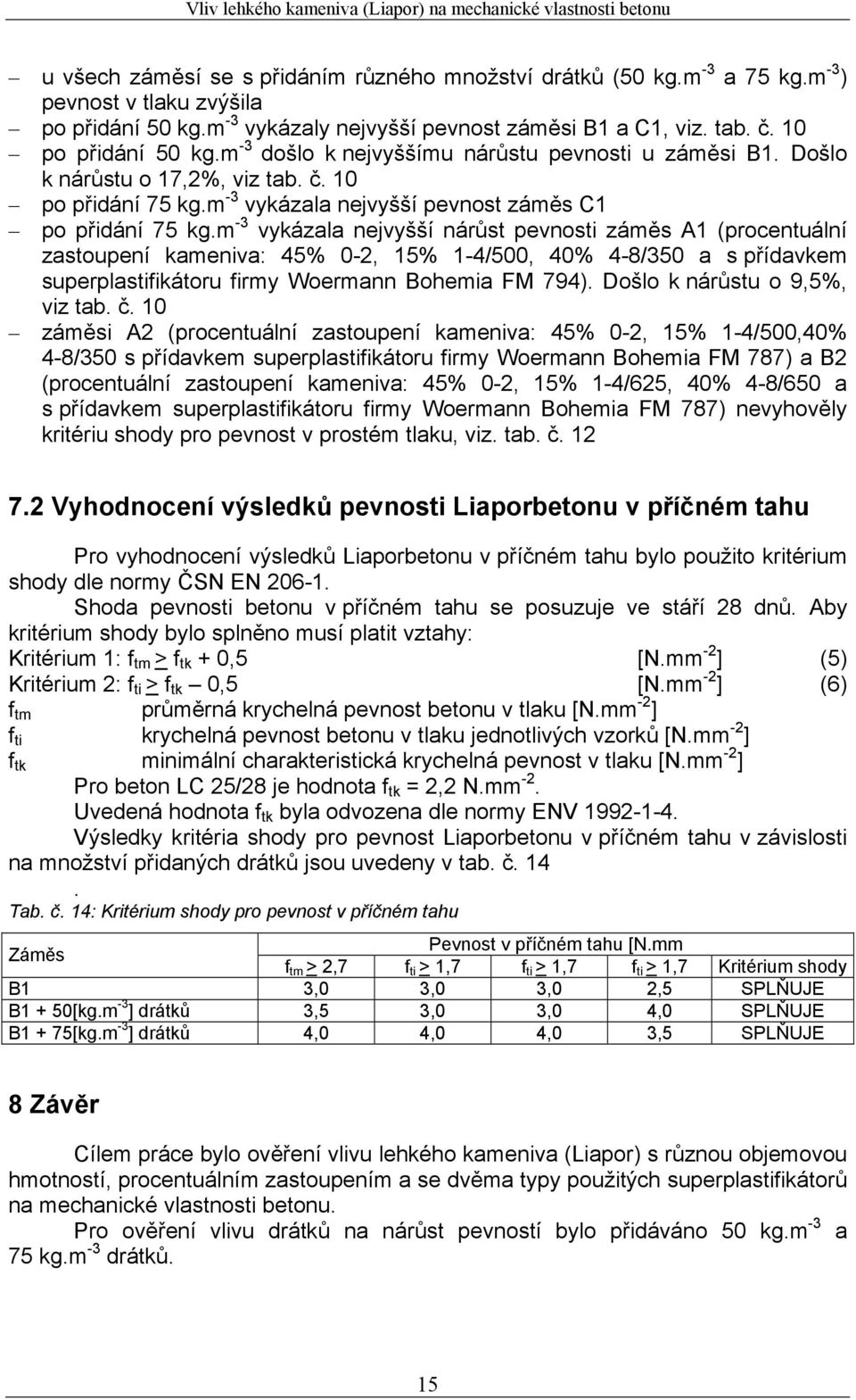 m -3 vykázala nejvyšší nárůst pevnosti záměs A1 (procentuální zastoupení kameniva: 45% 0-2, 15% 1-4/500, 40% 4-8/350 a s přídavkem superplastifikátoru firmy Woermann Bohemia FM 794).