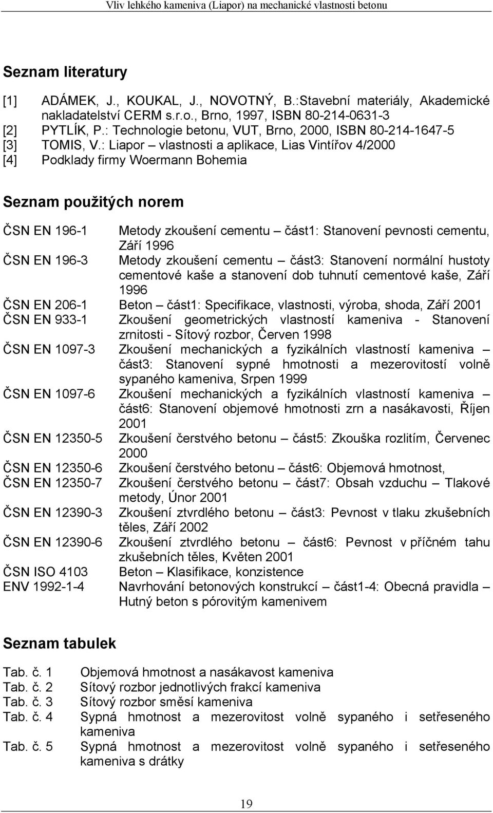 : Liapor vlastnosti a aplikace, Lias Vintířov 4/2000 [4] Podklady firmy Woermann Bohemia Seznam použitých norem ČSN EN 196-1 Metody zkoušení cementu část1: Stanovení pevnosti cementu, Září 1996 ČSN