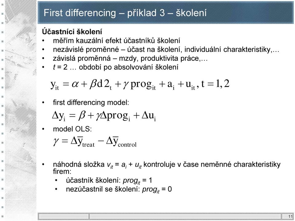 prog a u, t 1,2 it t it i it first differencing model: y prog u i i i model OLS: y treat y control náhodná složka v it = a