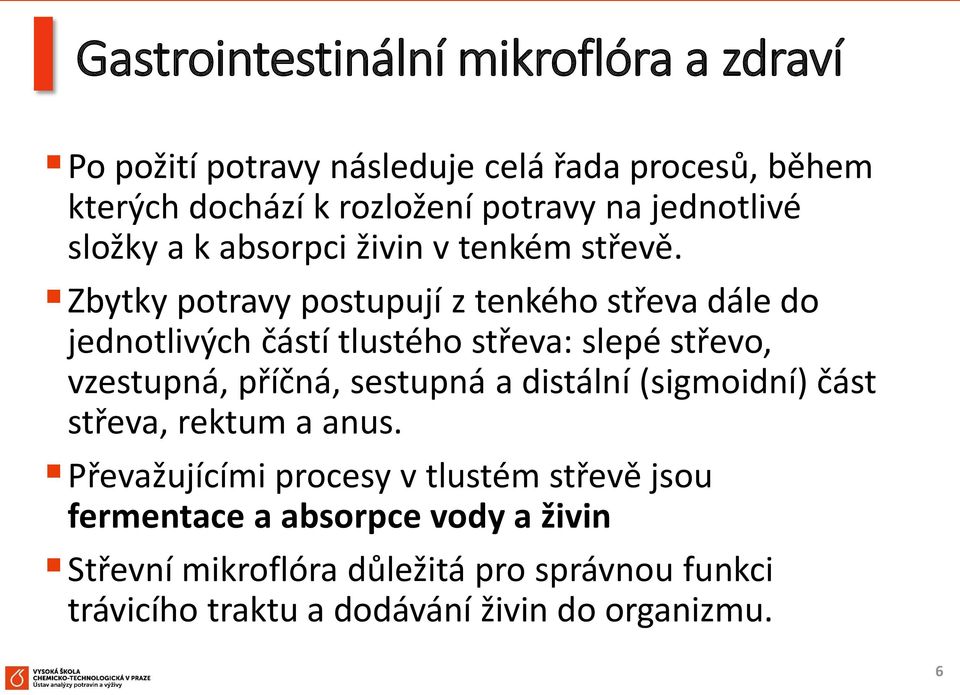 Zbytky potravy postupují z tenkého střeva dále do jednotlivých částí tlustého střeva: slepé střevo, vzestupná, příčná, sestupná a