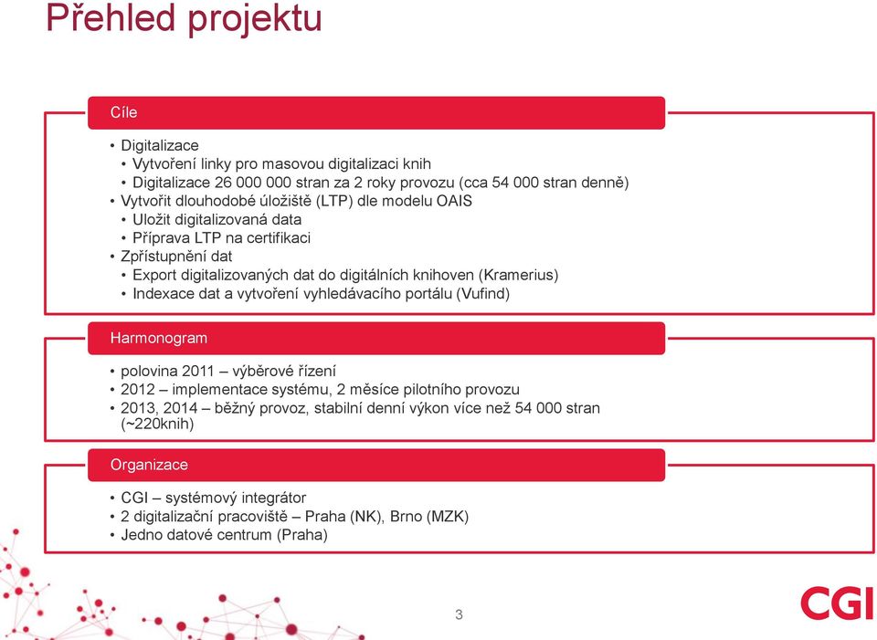 (Kramerius) Indexace dat a vytvoření vyhledávacího portálu (Vufind) Harmonogram polovina 2011 výběrové řízení 2012 implementace systému, 2 měsíce pilotního provozu 2013,