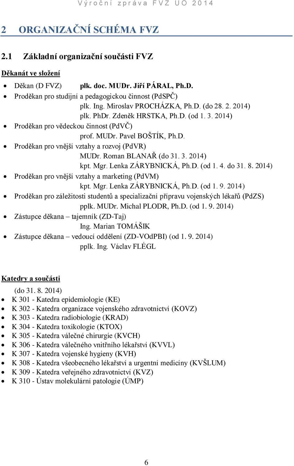 Roman BLANAŘ (do 31. 3. 2014) kpt. Mgr. Lenka ZÁRYBNICKÁ, Ph.D. (od 1. 4. do 31. 8. 2014) Proděkan pro vnější vztahy a marketing (PdVM) kpt. Mgr. Lenka ZÁRYBNICKÁ, Ph.D. (od 1. 9.