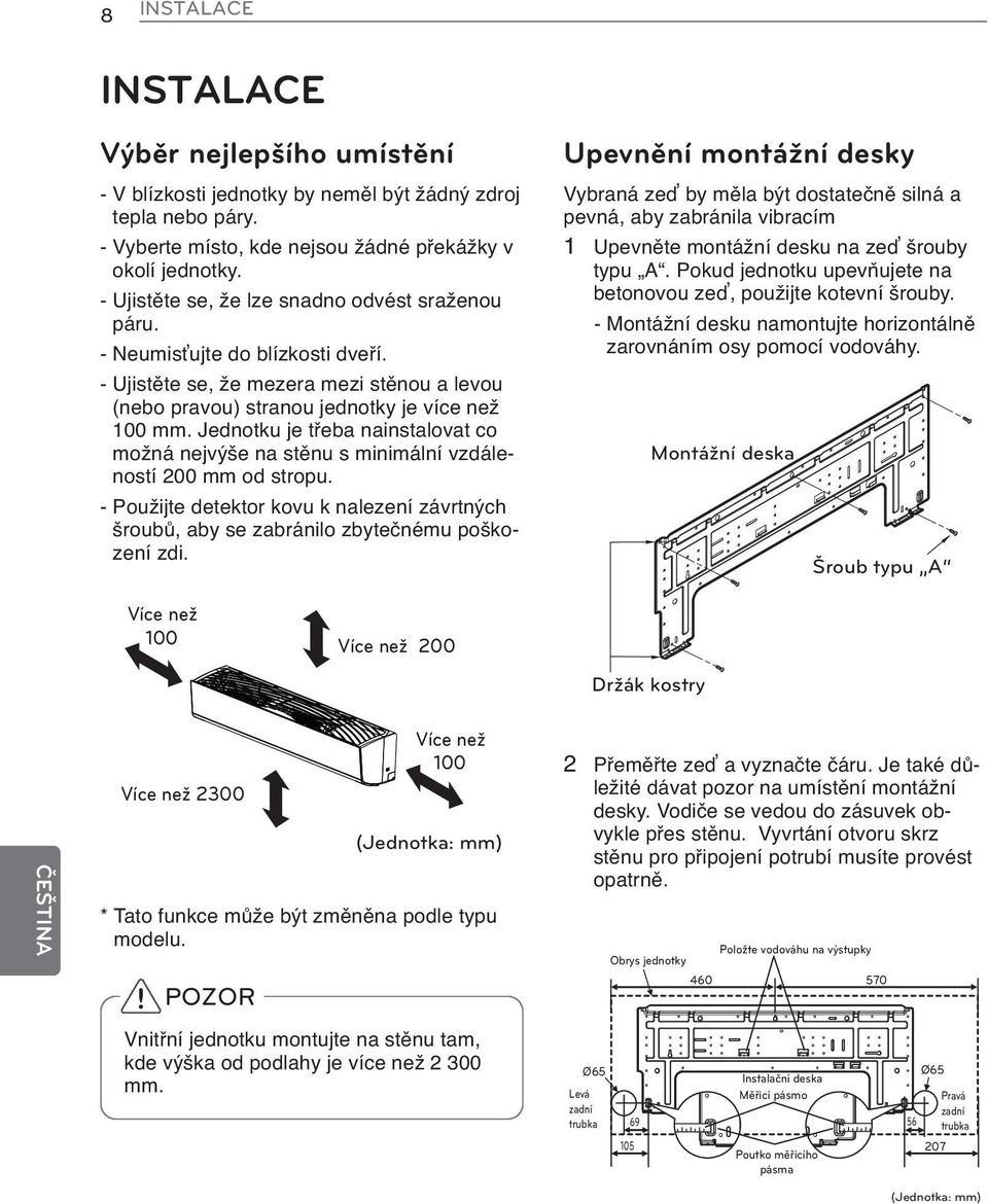 Jednotku je třeba nainstalovat co možná nejvýše na stěnu s minimální vzdáleností 200 mm od stropu. - Použijte detektor kovu k nalezení závrtných šroubů, aby se zabránilo zbytečnému poškození zdi.