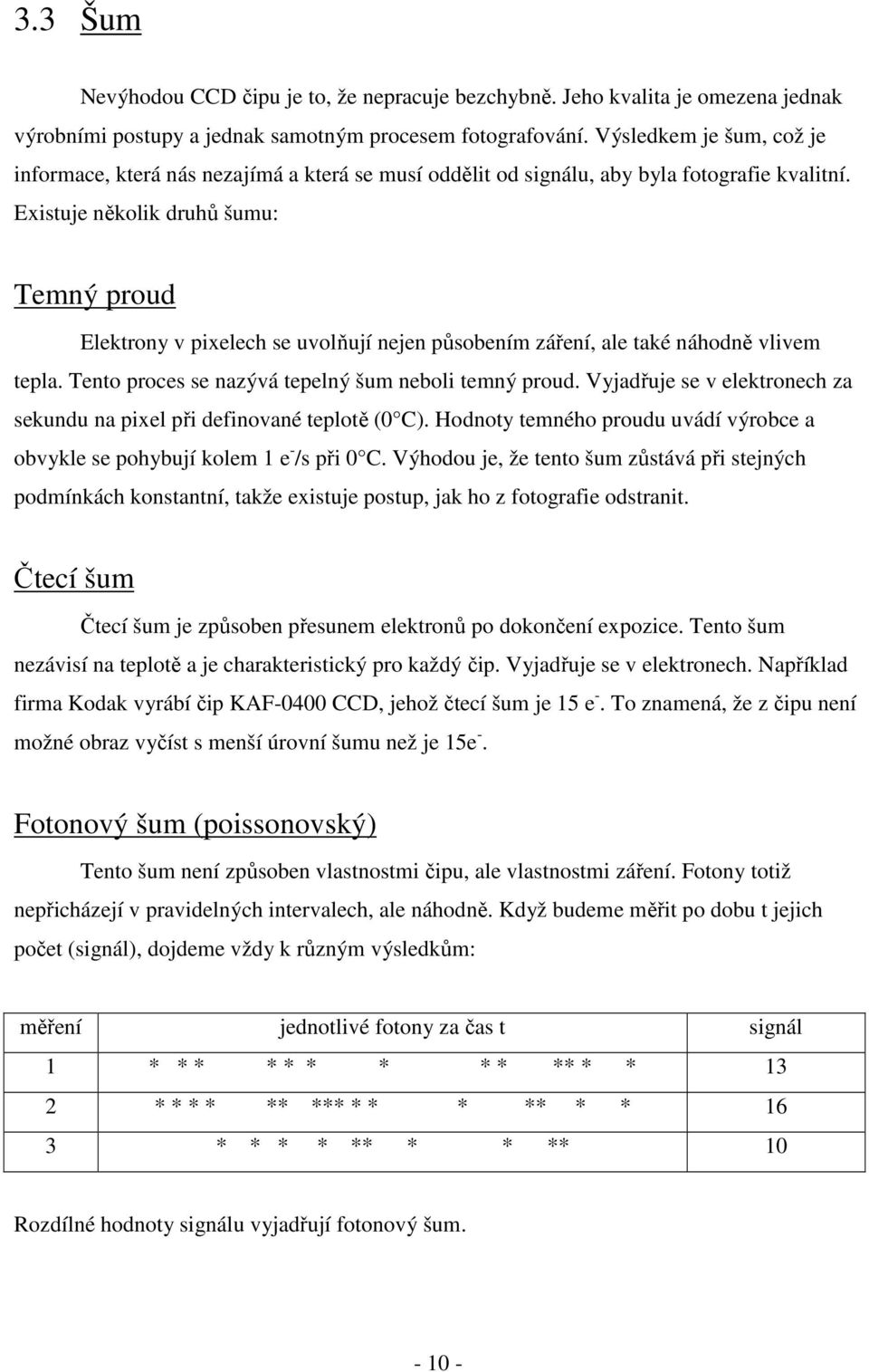 Existuje několik druhů šumu: Temný proud Elektrony v pixelech se uvolňují nejen působením záření, ale také náhodně vlivem tepla. Tento proces se nazývá tepelný šum neboli temný proud.