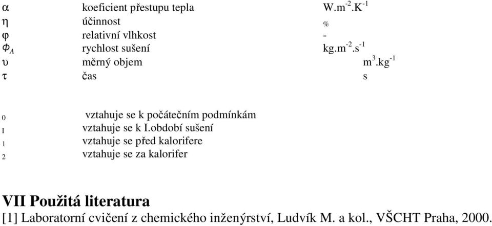 kg -1 τ čas s 0 vztahuje se k počátečním podmínkám I vztahuje se k I.