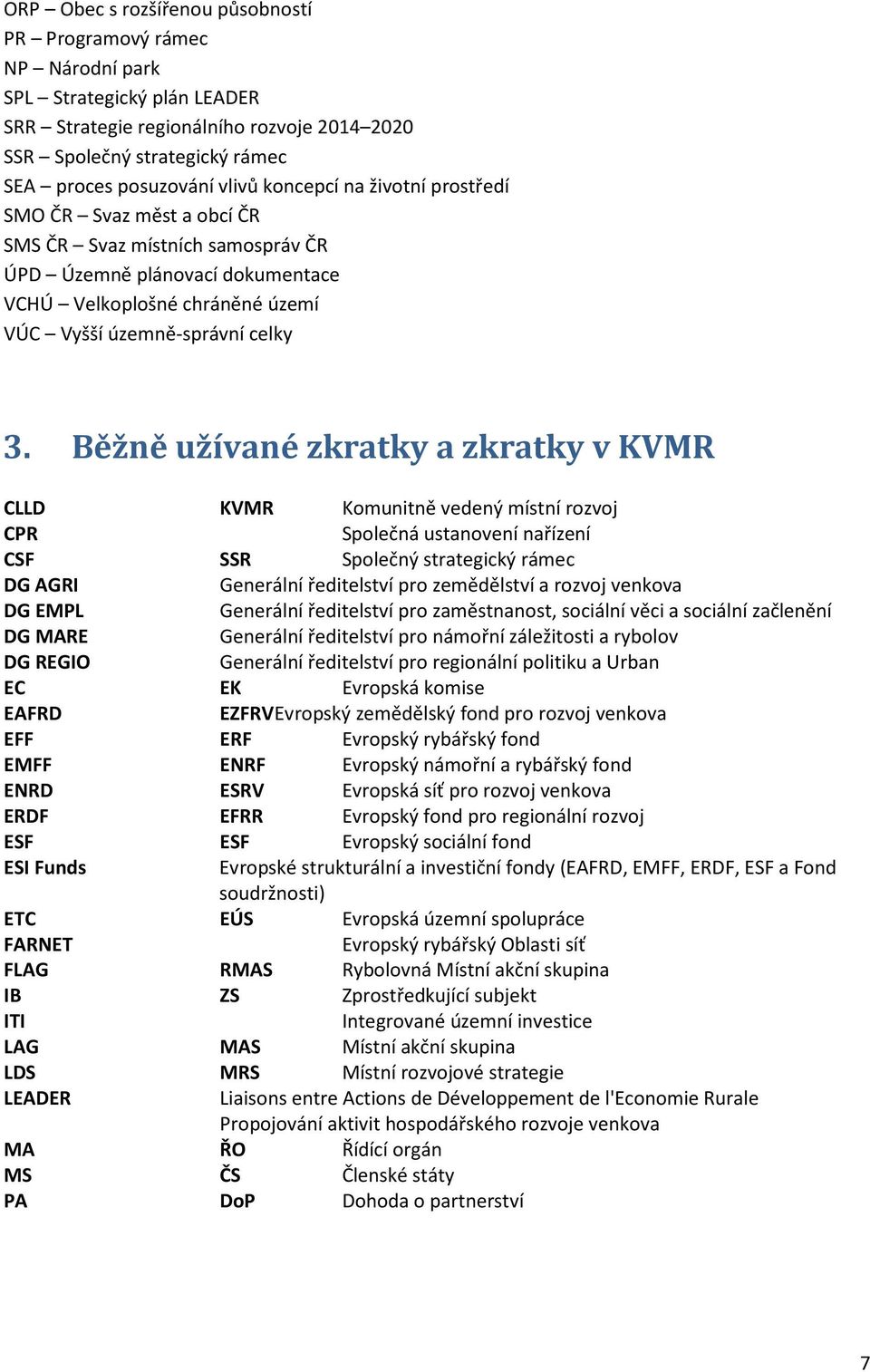 Běžně užívané zkratky a zkratky v KVMR CLLD KVMR Komunitně vedený místní rozvoj CPR Společná ustanovení nařízení CSF SSR Společný strategický rámec DG AGRI Generální ředitelství pro zemědělství a