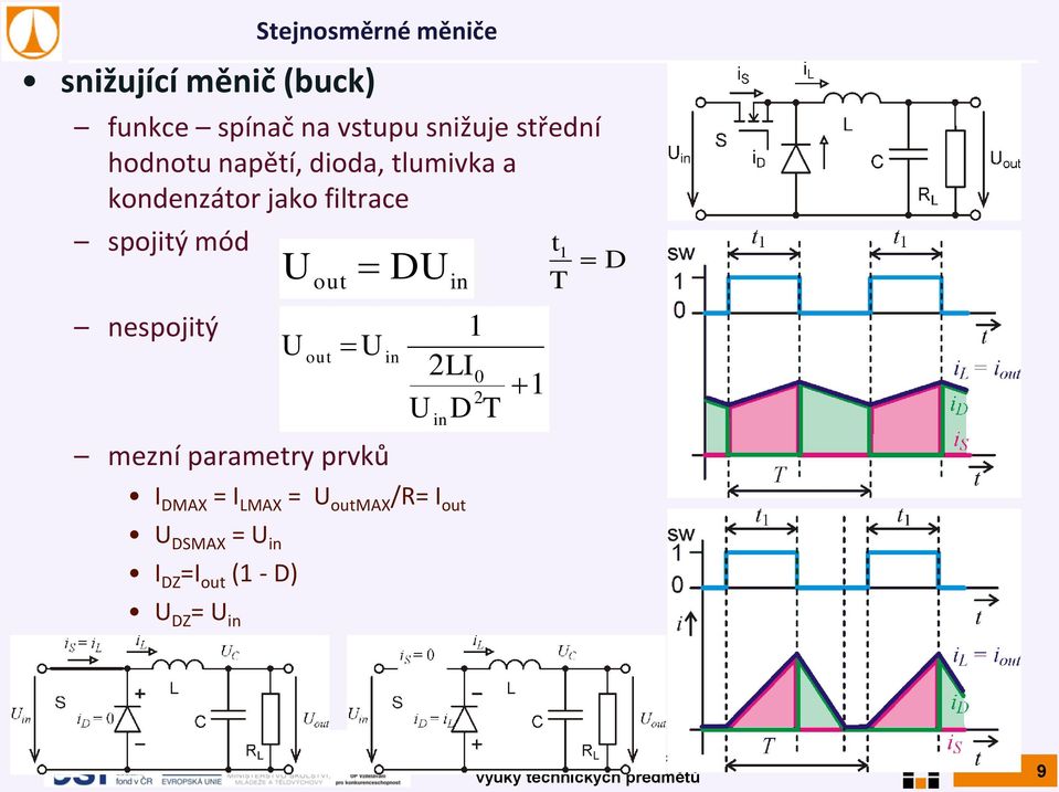 mód nespojitý mezní parametry prvků I DMAX = I LMAX = outmax /R= I out DSMAX =