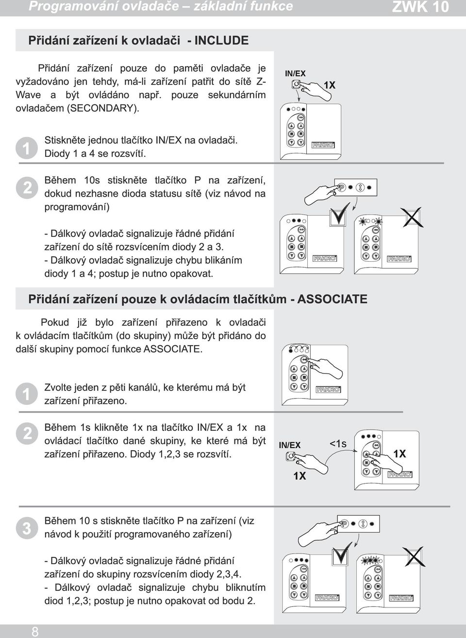 Během 0s stiskněte tlačítko P na zařízení, dokud nezhasne dioda statusu sítě (viz návod na programování) X - Dálkový ovladač signalizuje řádné přidání zařízení do sítě rozsvícením diody a.