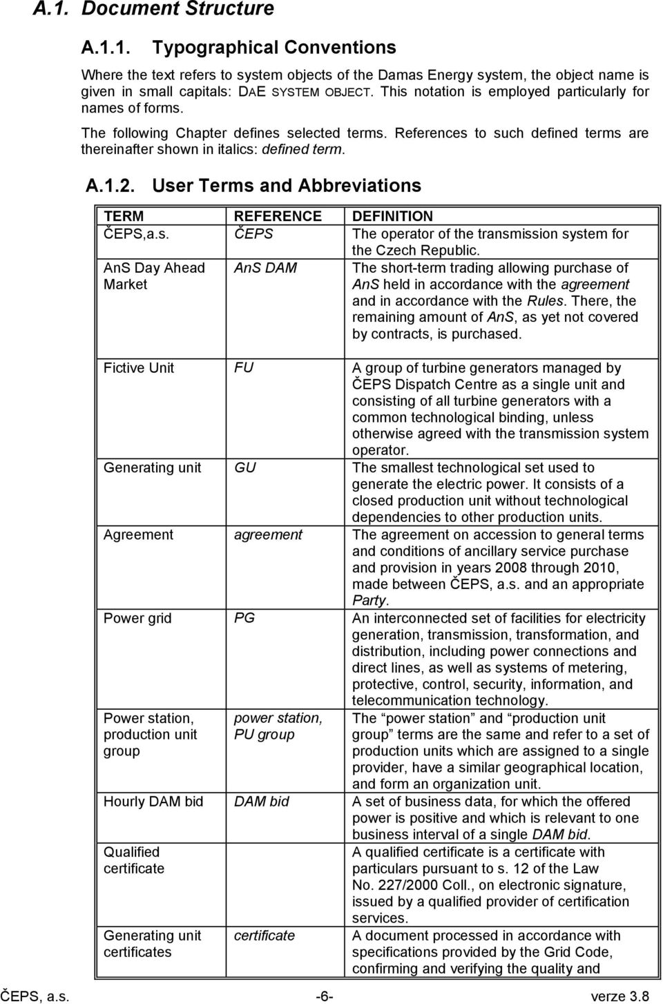 User Terms and Abbreviations TERM REFERENCE DEFINITION ČEPS,a.s. ČEPS The operator of the transmission system for the Czech Republic.