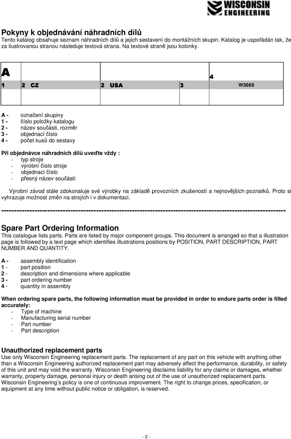 A 4 1 2 CZ 2 USA 3 W3669 A - označení skupiny 1 - číslo položky katalogu 2 - název součásti, rozměr 3 - objednací číslo 4 - počet kusů do sestavy Při objednávce náhradních dílů uveďte vždy : - typ