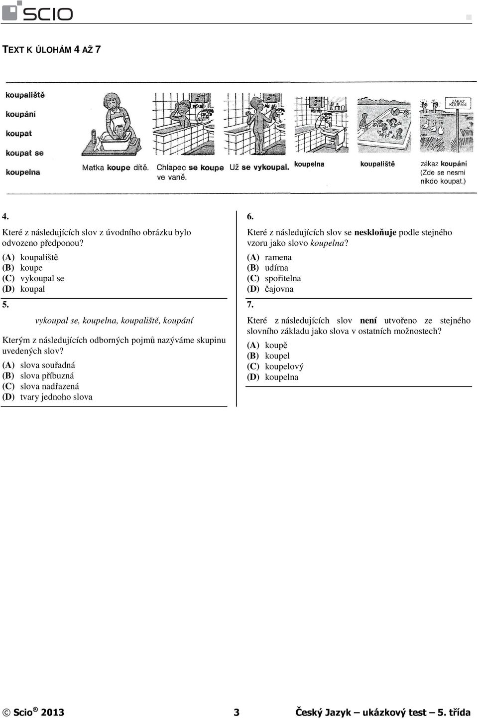 (A) slova souřadná (B) slova příbuzná (C) slova nadřazená (D) tvary jednoho slova 6. Které z následujících slov se neskloňuje podle stejného vzoru jako slovo koupelna?