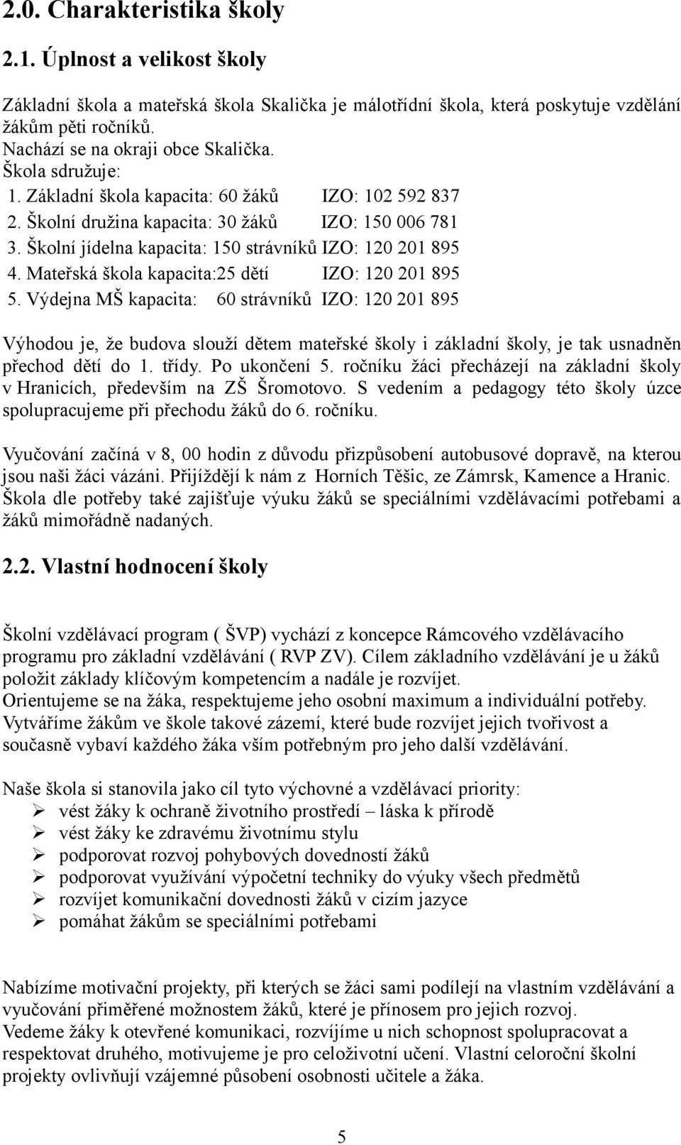 Mateřská škola kapacita:25 dětí IZO: 120 201 895 5.