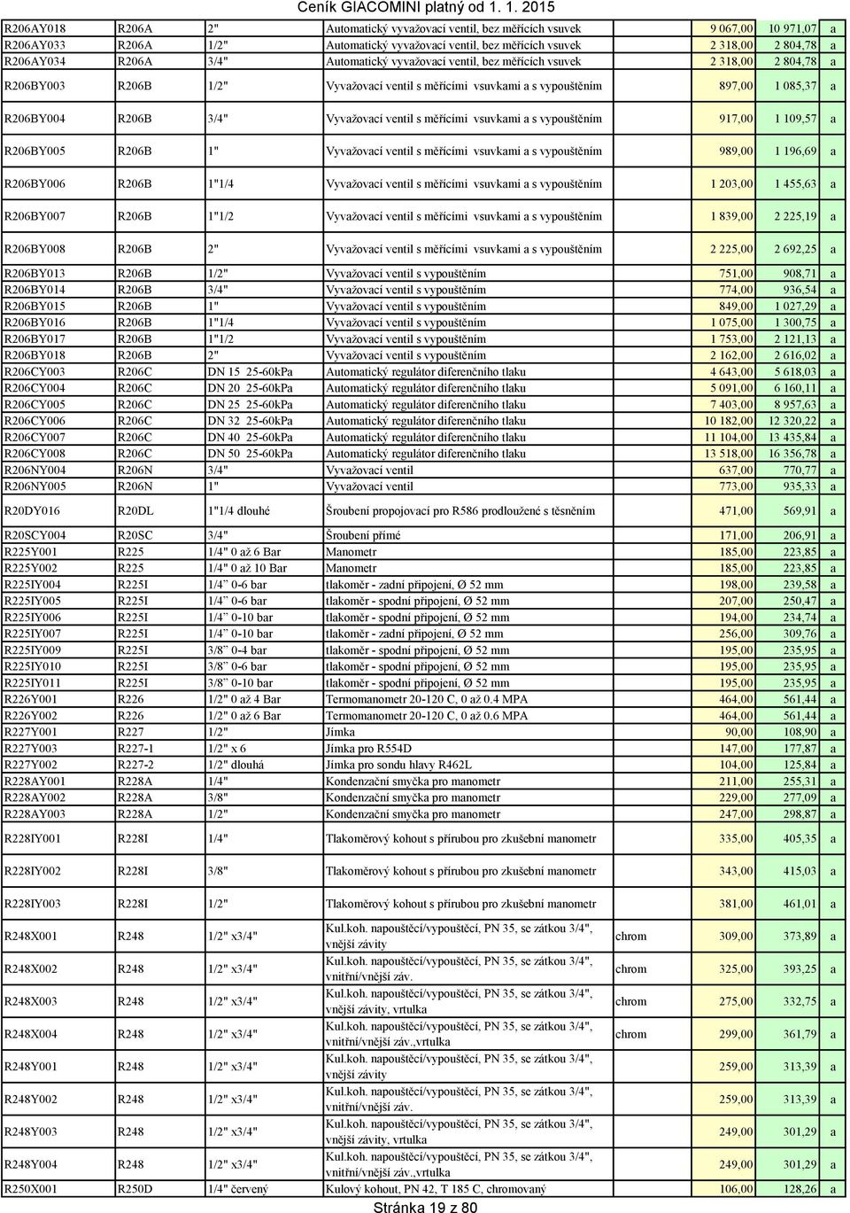 Vyvažovací ventil s měřícími vsuvkami a s vypouštěním 917,00 1 109,57 a R206BY005 R206B 1" Vyvažovací ventil s měřícími vsuvkami a s vypouštěním 989,00 1 196,69 a R206BY006 R206B 1"1/4 Vyvažovací