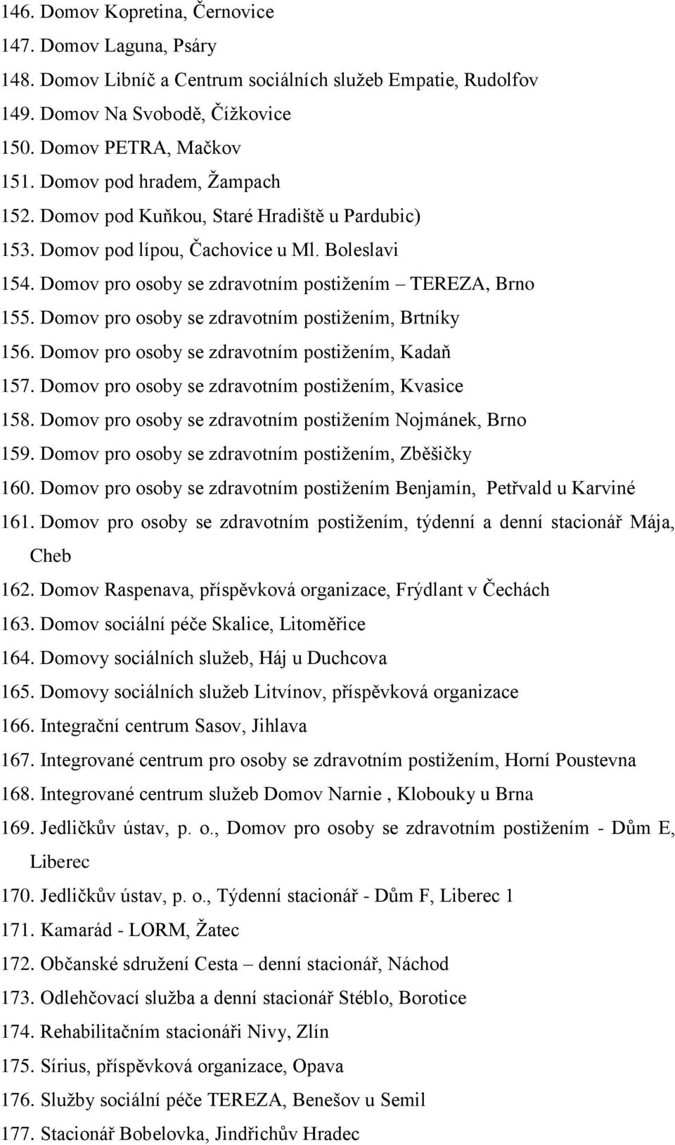 Domov pro osoby se zdravotním postiţením, Brtníky 156. Domov pro osoby se zdravotním postiţením, Kadaň 157. Domov pro osoby se zdravotním postiţením, Kvasice 158.