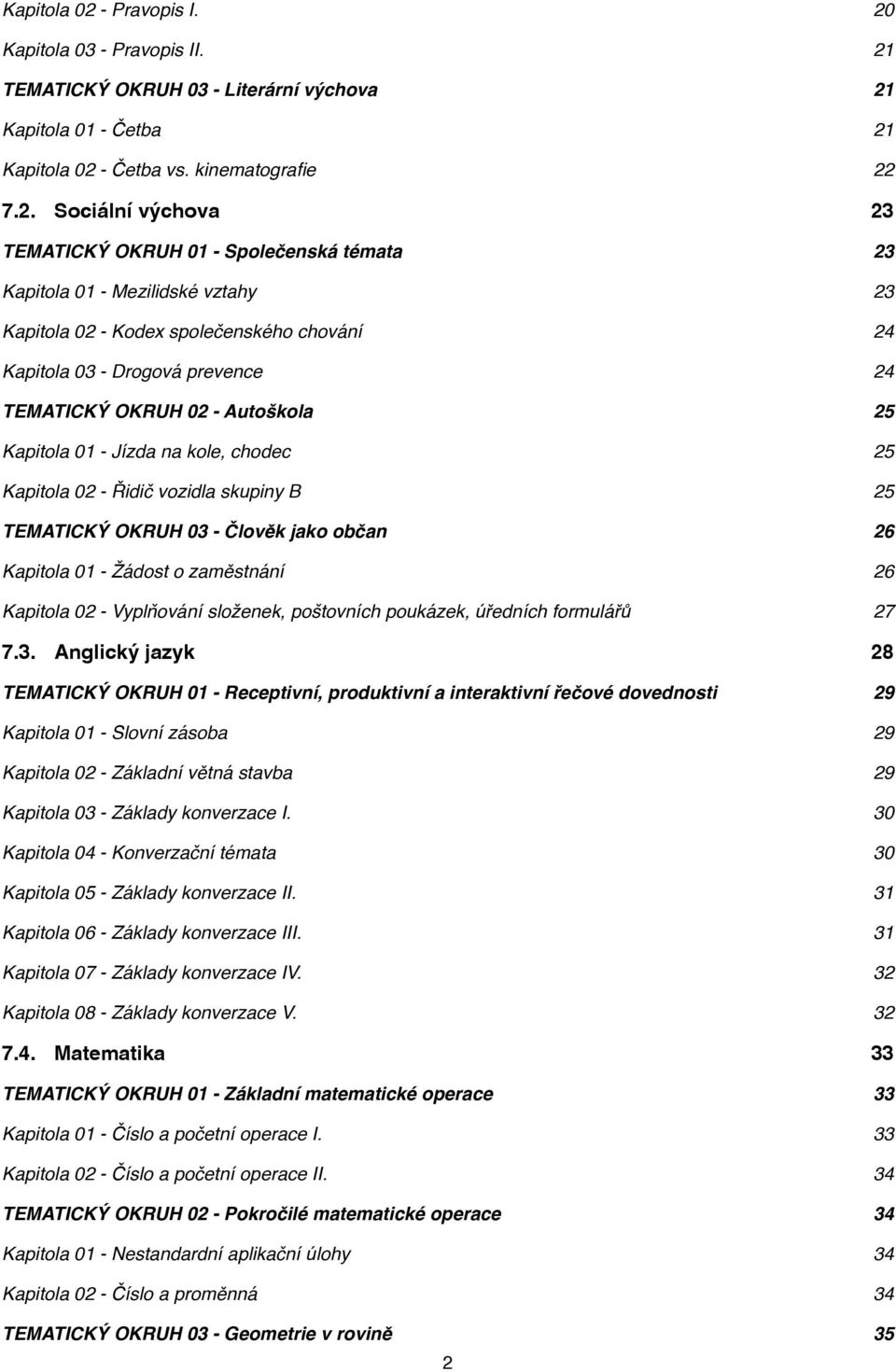 Sociální výchova TEMATICKÝ OKRUH 01 - Společenská témata Kapitola 01 - Mezilidské vztahy - Kodex společenského chování Kapitola 03 - Drogová prevence TEMATICKÝ OKRUH 02 - Autoškola Kapitola 01 -