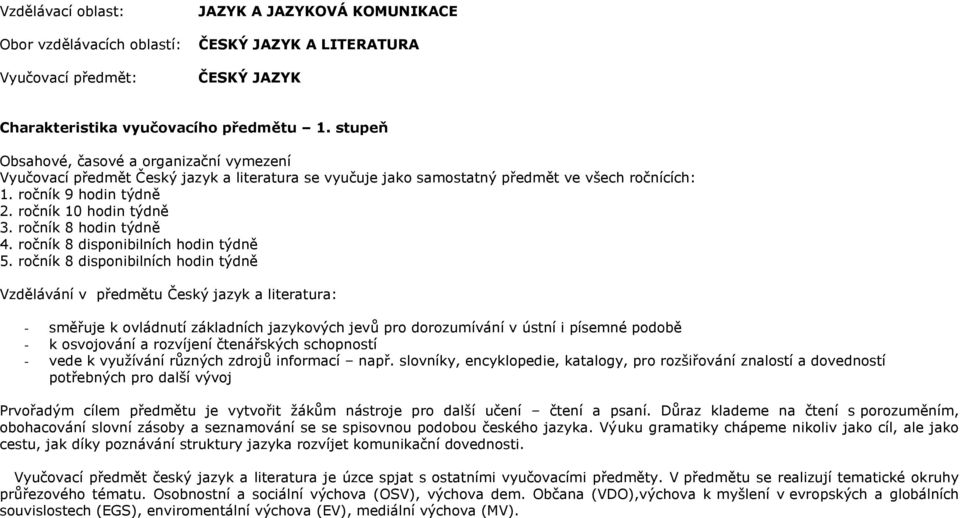 ročník 8 hodin týdně 4. ročník 8 disponibilních hodin týdně 5.