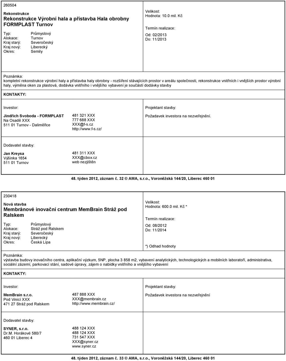 výměna oken za plastová, dodávka vnitřního i vnějšího vybavení je součástí dodávky stavby Jindřich Svoboda - FORMPLAST Na Osadě XXX 511 01 Turnov - Daliměřice 481 321 XXX 777 688 XXX XXX@f-s.