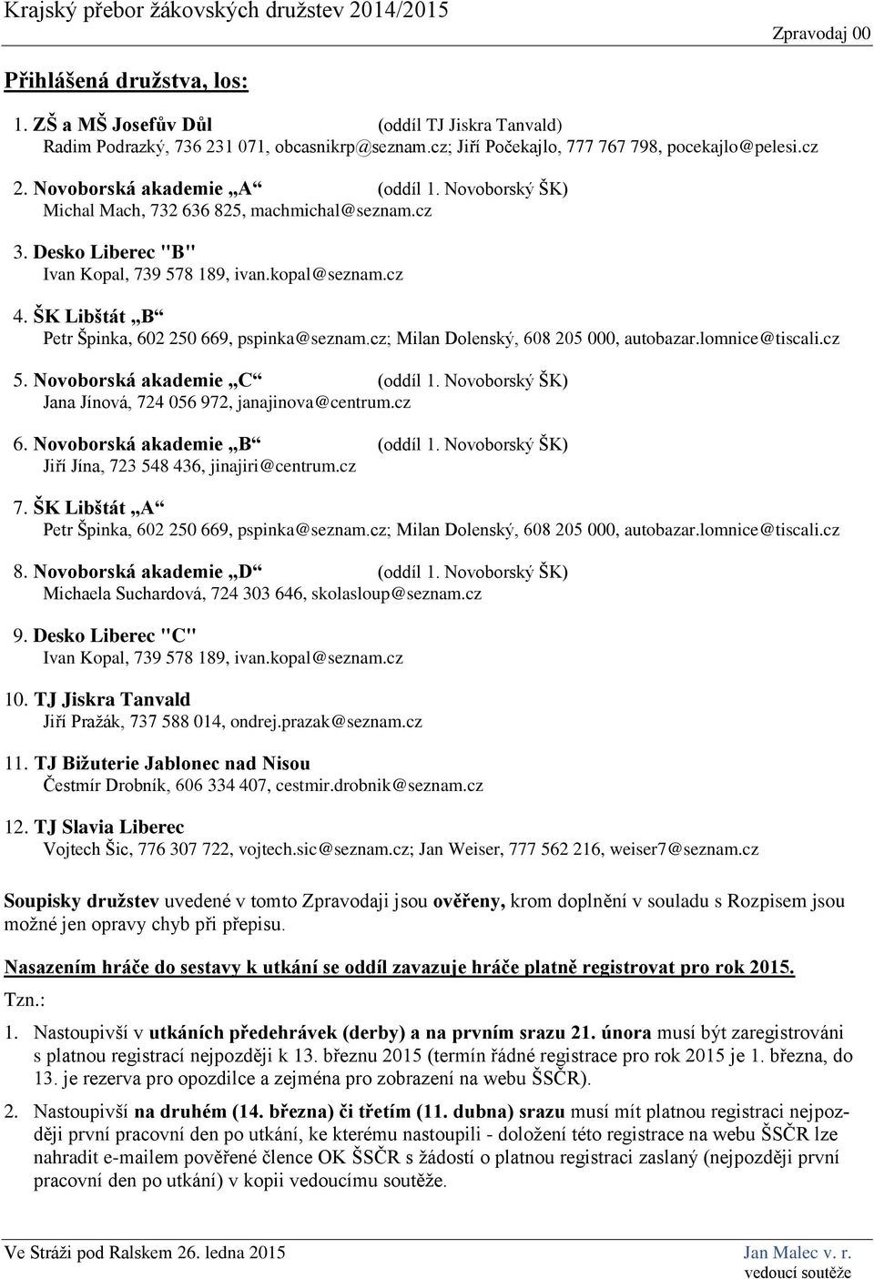 ŠK Libštát B Petr Špinka, 602 250 669, pspinka@seznam.cz; Milan Dolenský, 608 205 000, autobazar.lomnice@tiscali.cz 5. Novoborská akademie C (oddíl 1.