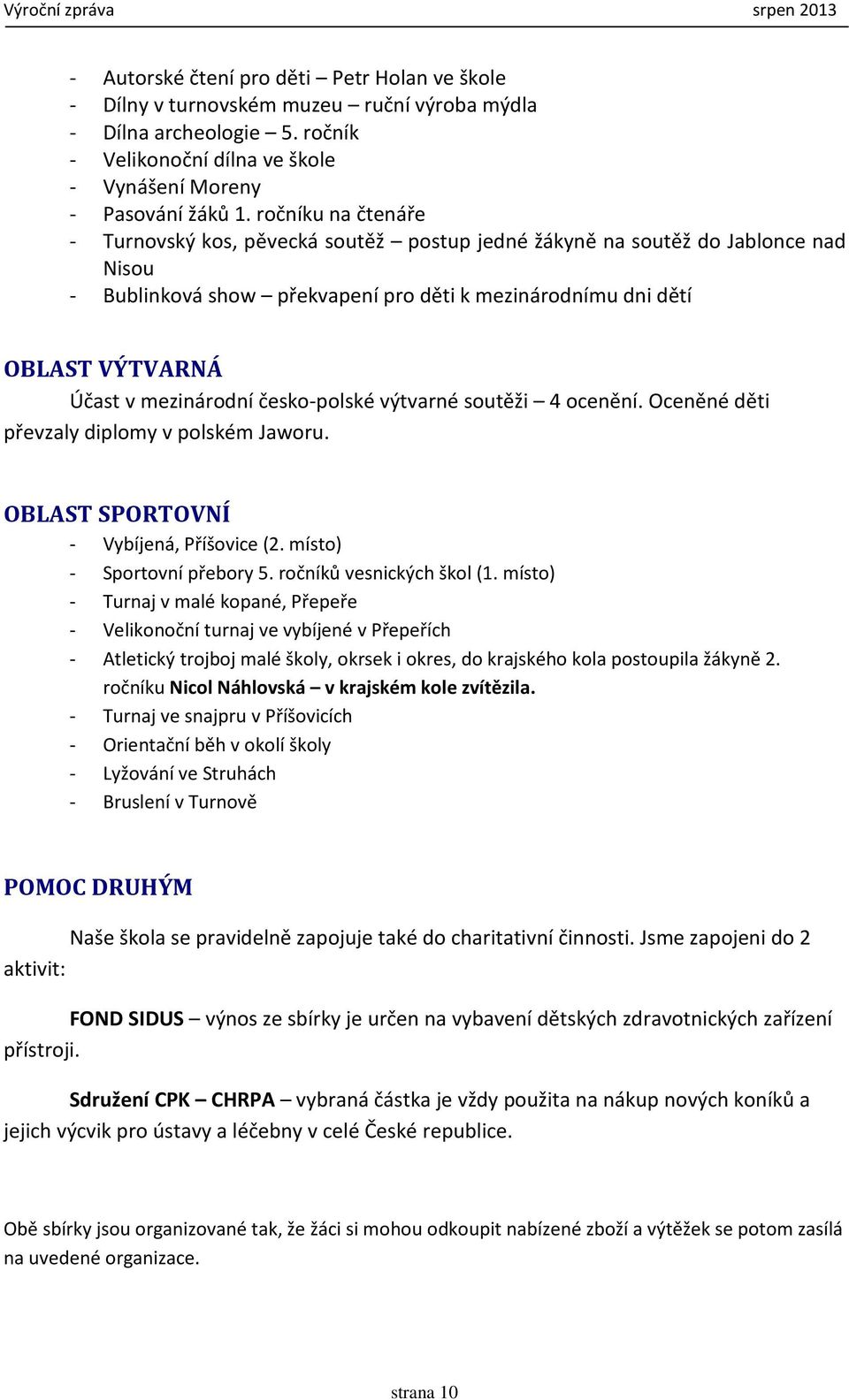 mezinárodní česko-polské výtvarné soutěži 4 ocenění. Oceněné děti převzaly diplomy v polském Jaworu. OBLAST SPORTOVNÍ - Vybíjená, Příšovice (2. místo) - Sportovní přebory 5.