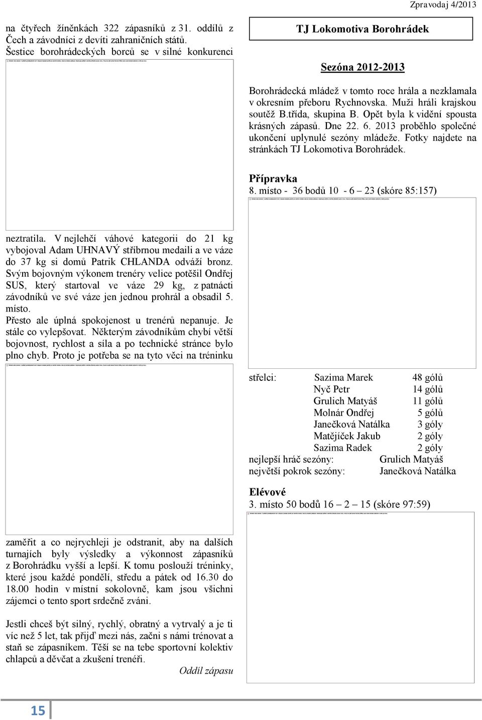 Muži hráli krajskou soutěž B.třída, skupina B. Opět byla k vidění spousta krásných zápasů. Dne 22. 6. 2013 proběhlo společné ukončení uplynulé sezóny mládeže.