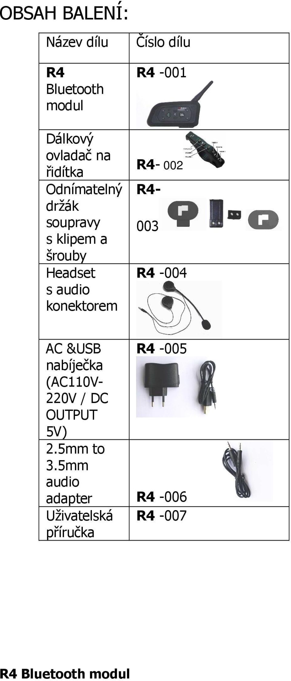 dílu R4-001 R4-002 R4-003 R4-004 AC &USB R4-005 nabíječka (AC110V- 220V / DC