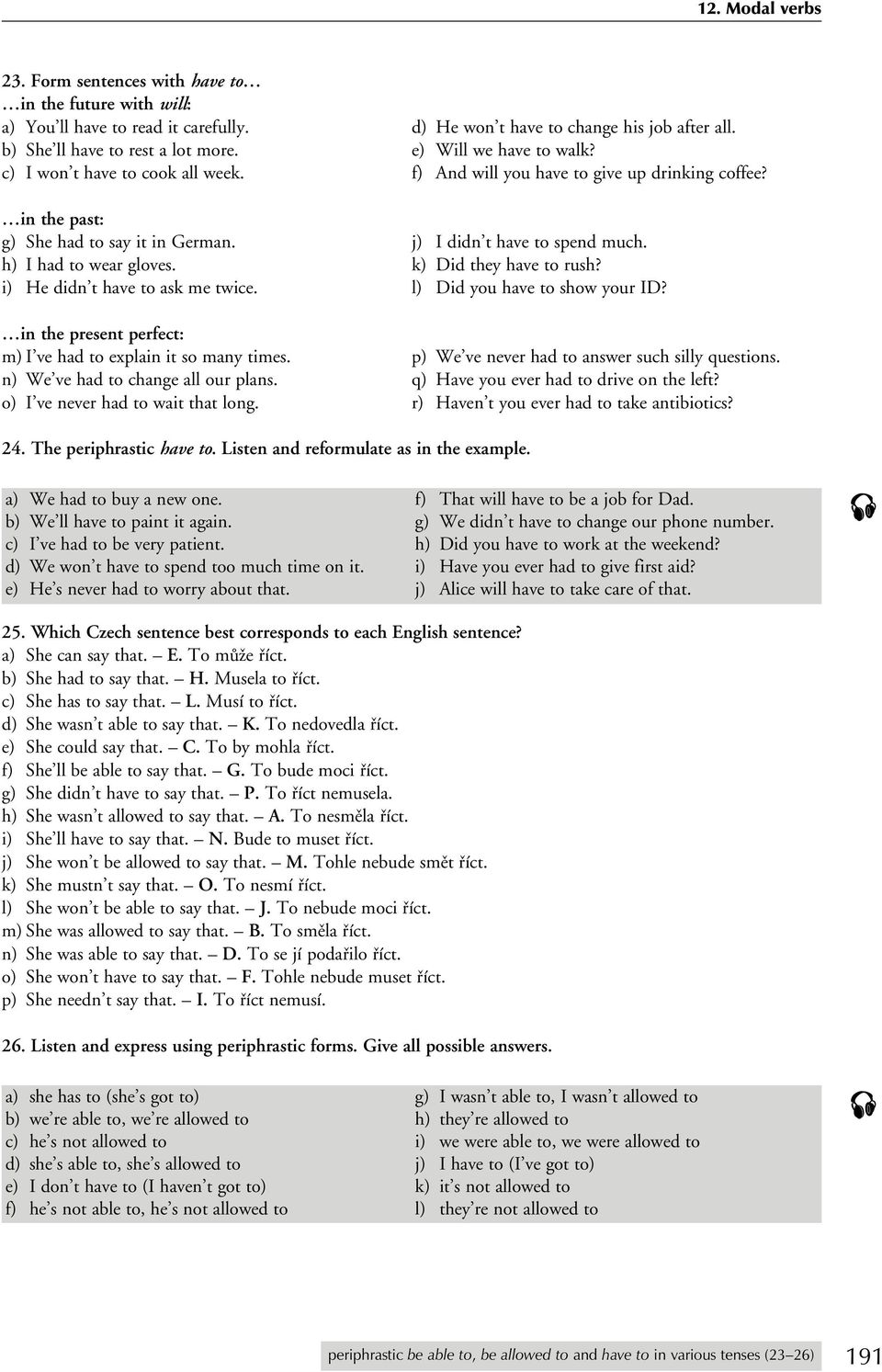 h) I had to wear gloves. k) Did they have to rush? i) He didn t have to ask me twice. l) Did you have to show your ID? in the present perfect: m) I ve had to explain it so many times.