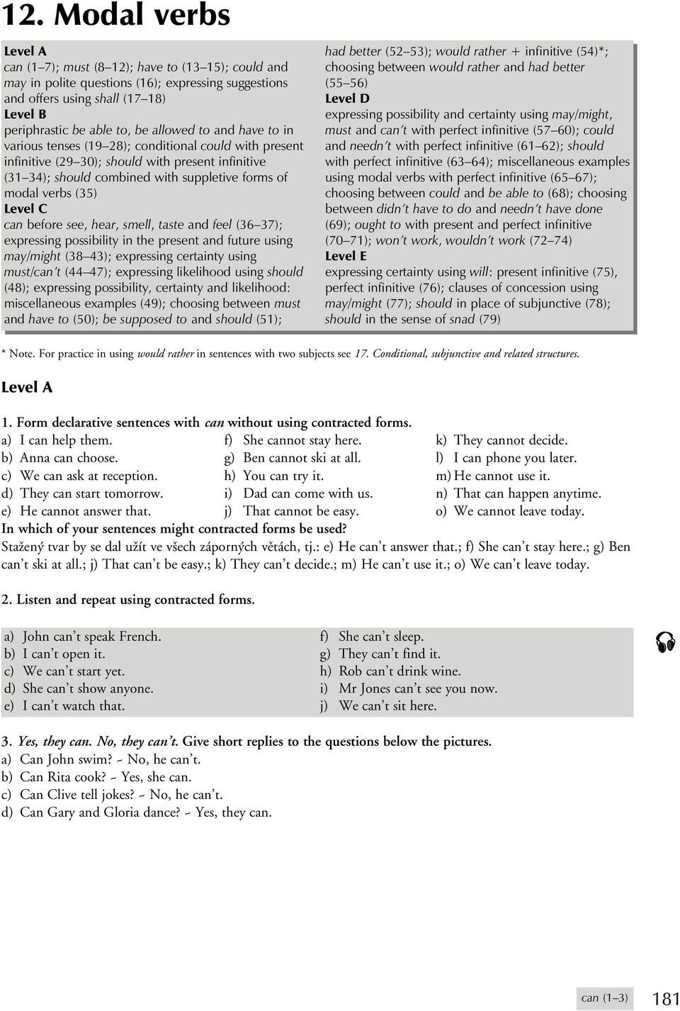 Level C can before see, hear, smell, taste and feel (36 37); expressing possibility in the present and future using may/might (38 43); expressing certainty using must/can t (44 47); expressing