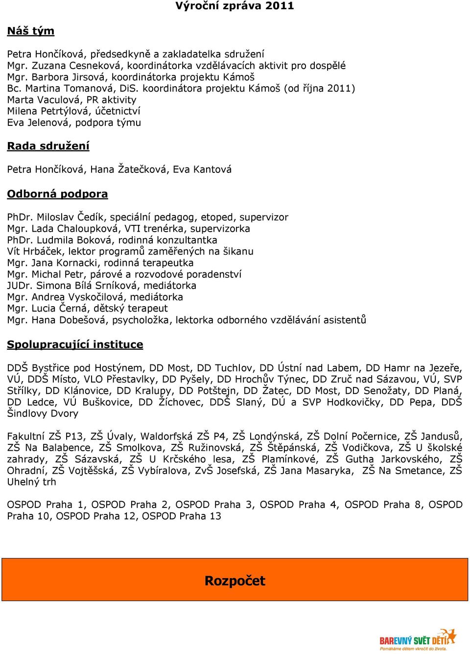 koordinátora projektu Kámoš (od října 2011) Marta Vaculová, PR aktivity Milena Petrtýlová, účetnictví Eva Jelenová, podpora týmu Rada sdružení Petra Hončíková, Hana Žatečková, Eva Kantová Odborná