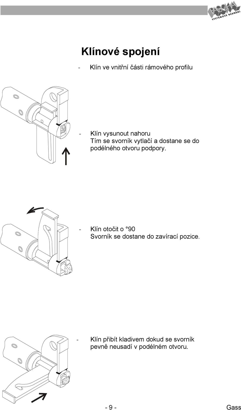 podpory. - Klín otočit o 90 Svorník se dostane do zavírací pozice.